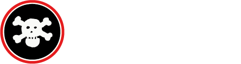 Ein schwarzes Logo mit einem Totenkopf und gekreuzten Knochen, umgeben von einem roten Kreis.