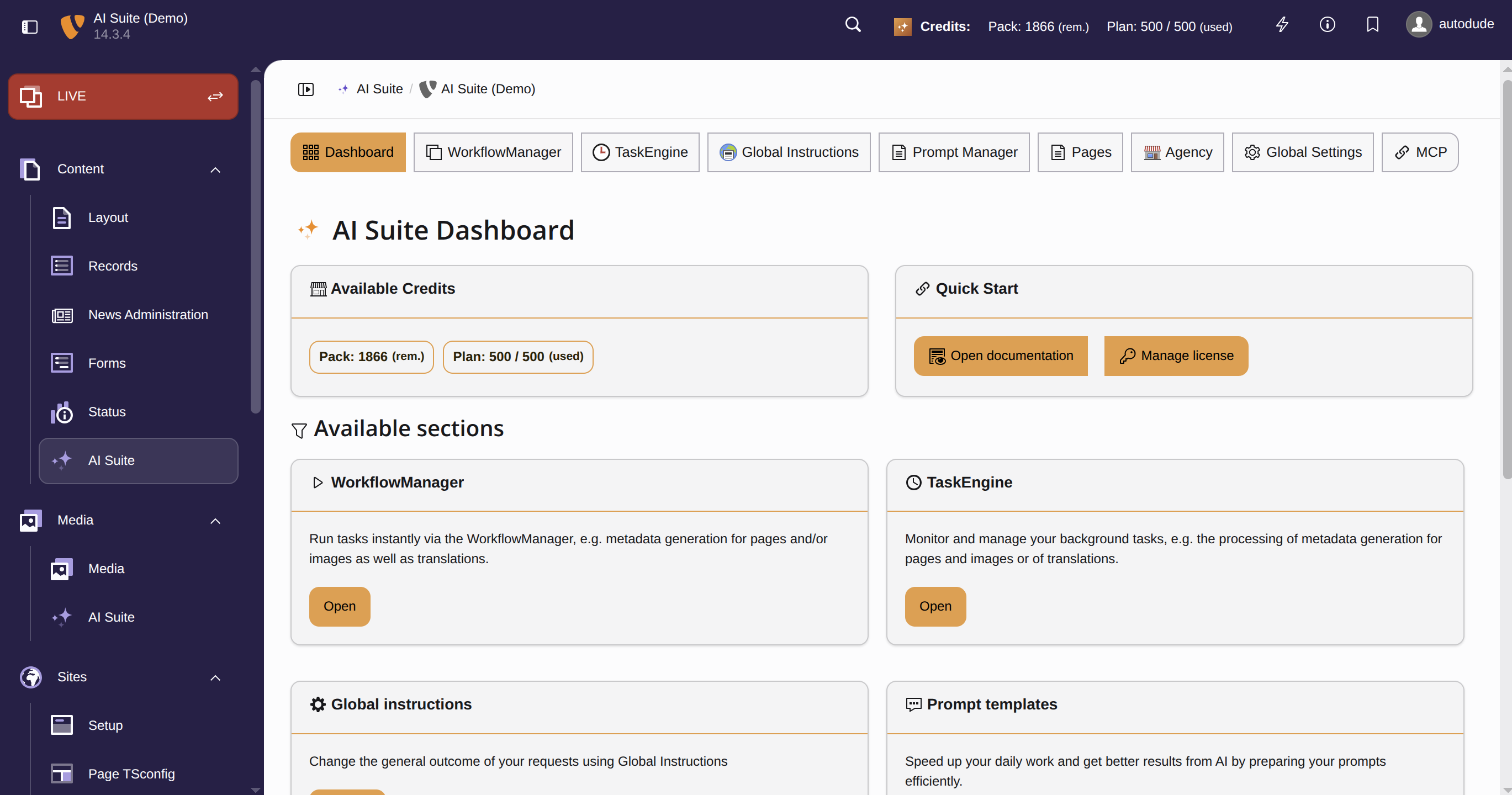 Das Dashboard der AI Suite zeigt verfügbare Credits und verschiedene Funktionen wie WorkflowManager und TaskEngine.